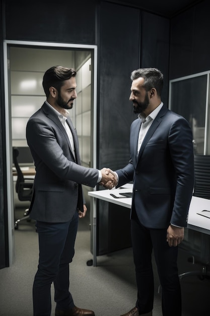 Ujęcie dwóch biznesmenów ściskających sobie dłonie w biurze utworzonym za pomocą generatywnej sztucznej inteligencji