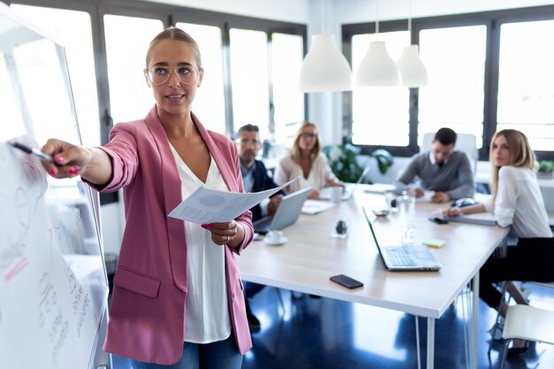 Ujęcie Eleganckiej Młodej Bizneswoman Wskazującej Na Białą Tablicę I Wyjaśniającej Projekt Jej Współpracownikom Na Coworkingu.