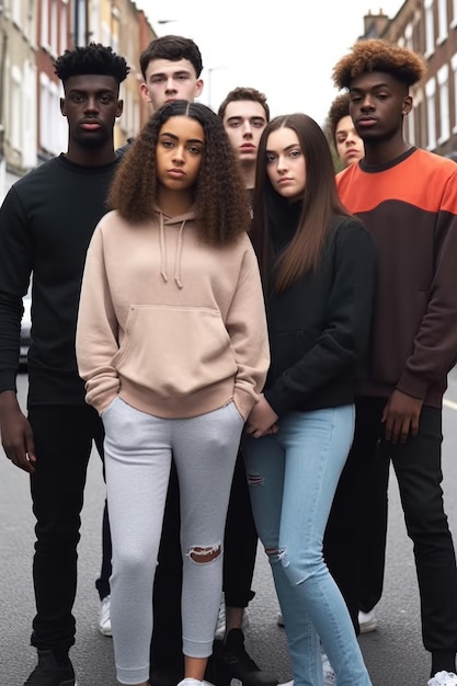 Ujęcie grupy młodych ludzi stojących razem na zewnątrz, stworzone za pomocą generatywnej sztucznej inteligencji
