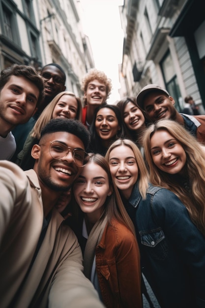 Ujęcie grupy osób robiących razem selfie