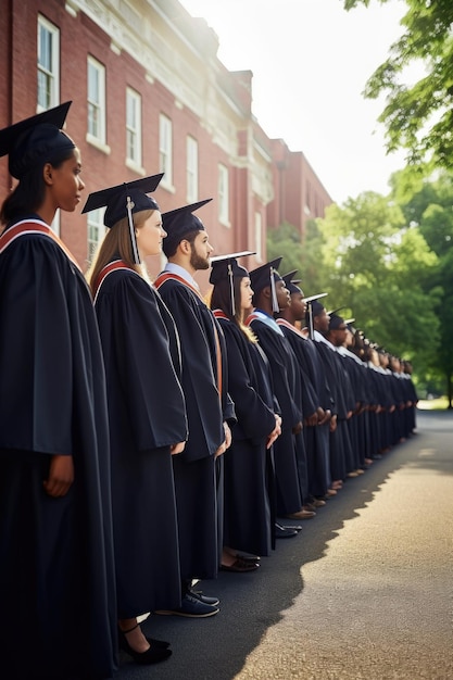 ujęcie grupy studentów stojących w rzędzie w dniu ukończenia szkoły, utworzone za pomocą generatywnej sztucznej inteligencji