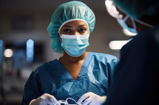 Ujęcie kobiety-chirurga przygotowującej się do operacji w pracy utworzone za pomocą generatywnej sztucznej inteligencji