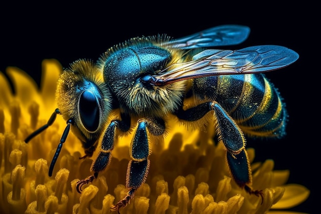 Ujęcie makro pszczoły miodnej zbierającej pyłek, stworzone za pomocą generatywnej sztucznej inteligencji