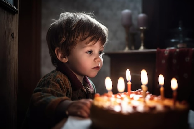 Ujęcie małego chłopca zdmuchującego świeczki na swoim urodzinowym torcie stworzonym za pomocą generatywnej sztucznej inteligencji