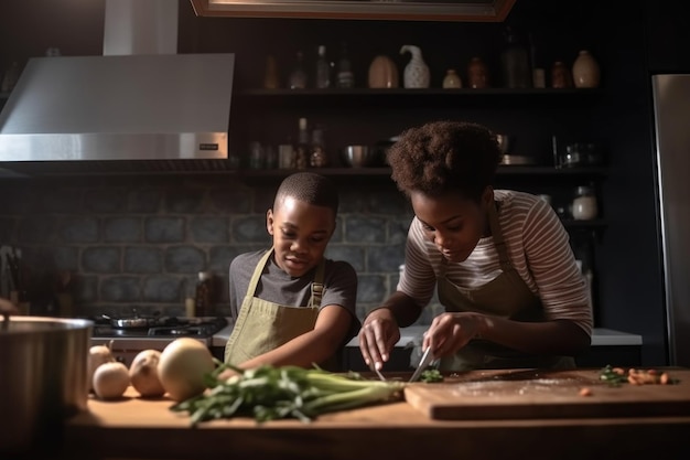 Ujęcie matki i jej syna gotujących razem w kuchni w domu, stworzone za pomocą generatywnej sztucznej inteligencji