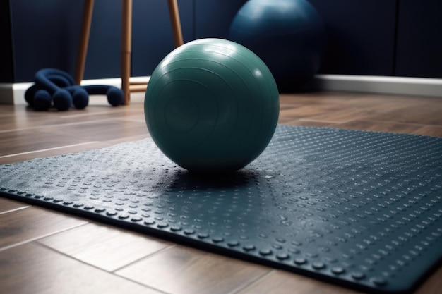 Ujęcie maty do ćwiczeń i piłki na podłodze utworzone za pomocą generatywnej sztucznej inteligencji