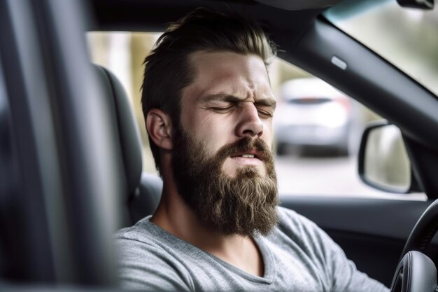 Ujęcie mężczyzny, który wygląda na zestresowanego podczas jazdy, stworzone za pomocą generatywnej sztucznej inteligencji