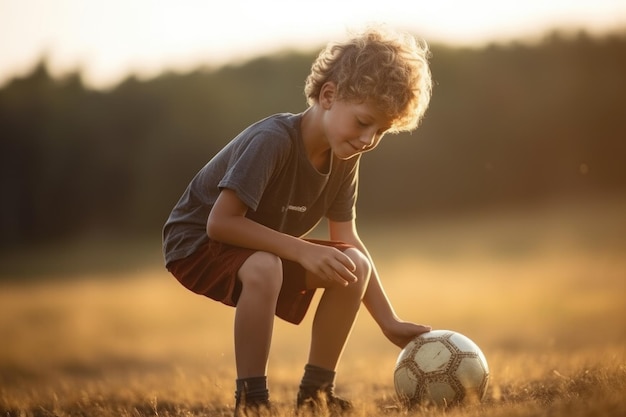 Ujęcie młodego chłopca bawiącego się piłką nożną na boisku utworzone za pomocą generatywnej sztucznej inteligencji