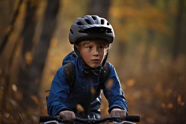 Ujęcie młodego chłopca na rowerze górskim utworzone za pomocą generatywnej sztucznej inteligencji