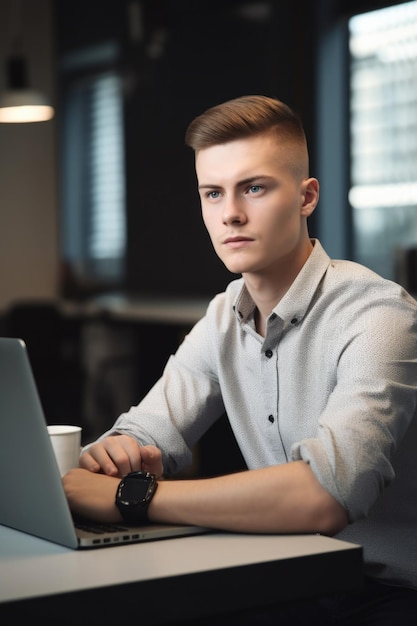 Zdjęcie ujęcie młodego mężczyzny korzystającego z laptopa w biurze utworzonym za pomocą generatywnej sztucznej inteligencji