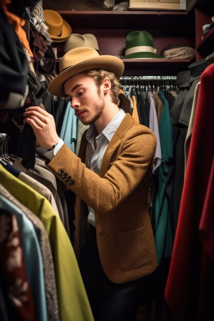 Ujęcie młodego mężczyzny kupującego w swojej szafie ubrania vintage