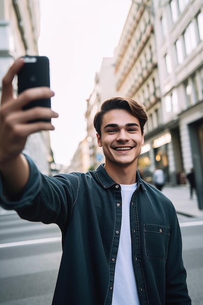 Ujęcie młodego mężczyzny pozującego do selfie w mieście