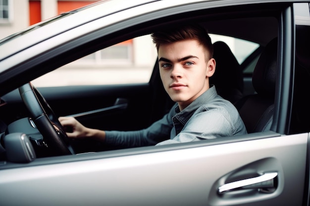 Ujęcie młodego mężczyzny siedzącego na siedzeniu kierowcy samochodu utworzonego za pomocą generatywnej sztucznej inteligencji