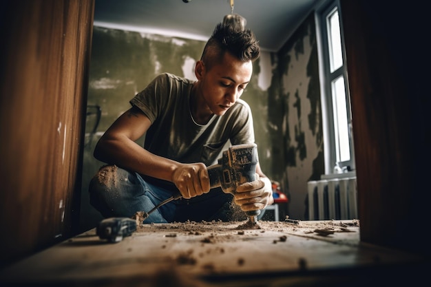 Ujęcie młodego mężczyzny używającego wiertarki podczas renowacji domu stworzonego za pomocą generatywnej sztucznej inteligencji