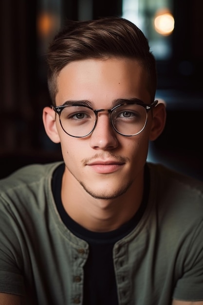 Ujęcie młodego mężczyzny w okularach i patrzącego w kamerę