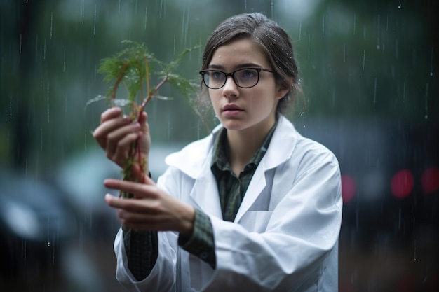 Ujęcie młodej biolożki trzymającej okaz rośliny podczas pracy w deszczu