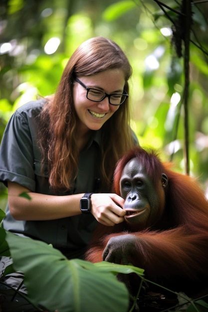 ujęcie młodej biolożki uśmiechającej się podczas pracy z orangutanem stworzonym za pomocą generatywnej sztucznej inteligencji
