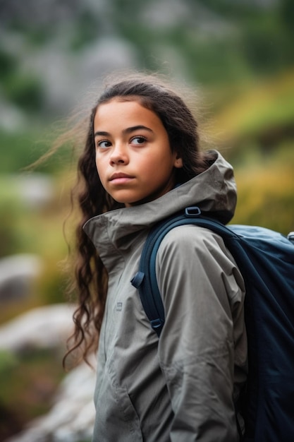 Ujęcie młodej dziewczyny spacerującej na łonie natury utworzone za pomocą generatywnej sztucznej inteligencji