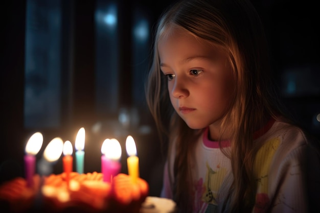 Ujęcie młodej dziewczyny zapalającej świeczkę na swoim torcie urodzinowym utworzonym za pomocą generatywnej sztucznej inteligencji