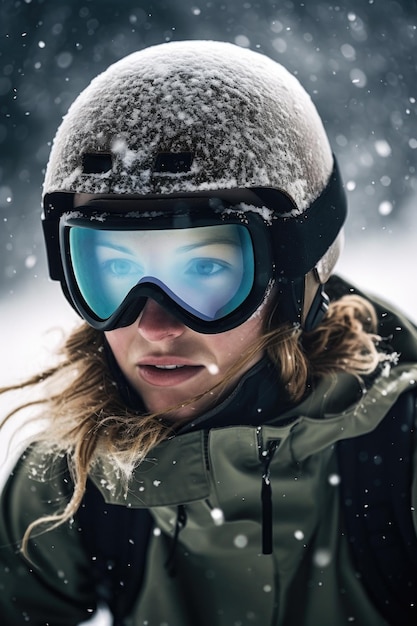 Ujęcie młodej kobiety ćwiczącej jazdę na snowboardzie w okularach stworzone za pomocą generatywnej sztucznej inteligencji