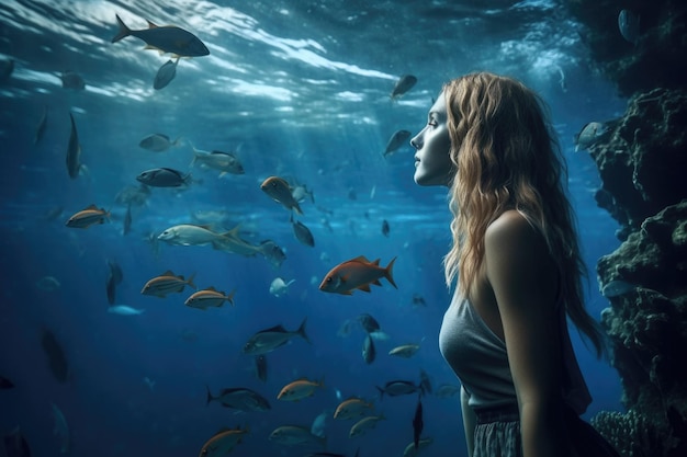 Ujęcie młodej kobiety patrzącej na tropikalne ryby w oceanie utworzone za pomocą generatywnej sztucznej inteligencji