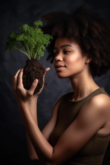 Ujęcie młodej kobiety trzymającej roślinę wyrastającą z gleby utworzonej za pomocą generatywnej sztucznej inteligencji