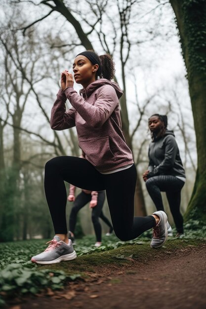 Zdjęcie ujęcie młodej kobiety unoszącej kolana podczas treningu na świeżym powietrzu ze swoją grupą fitness