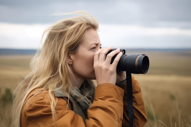 Zdjęcie ujęcie młodej kobiety używającej lornetki do obserwacji krajobrazu