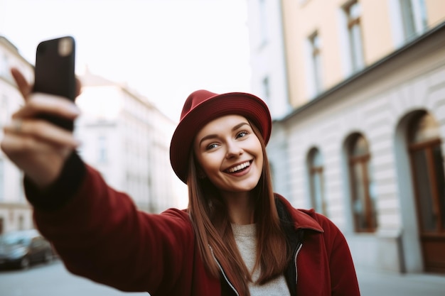 Ujęcie młodej kobiety używającej smartfona do robienia selfie