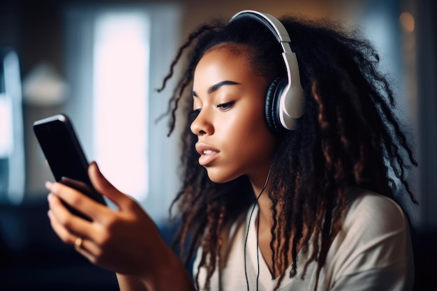Ujęcie młodej kobiety w słuchawkach i korzystającej ze smartfona w domu