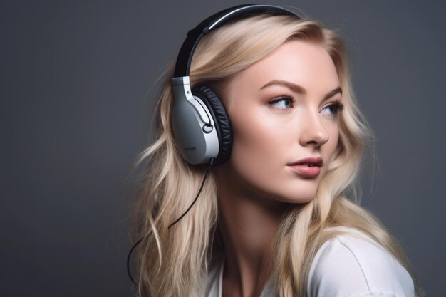 Ujęcie młodej kobiety w słuchawkach na szarym tle utworzone za pomocą generatywnej sztucznej inteligencji