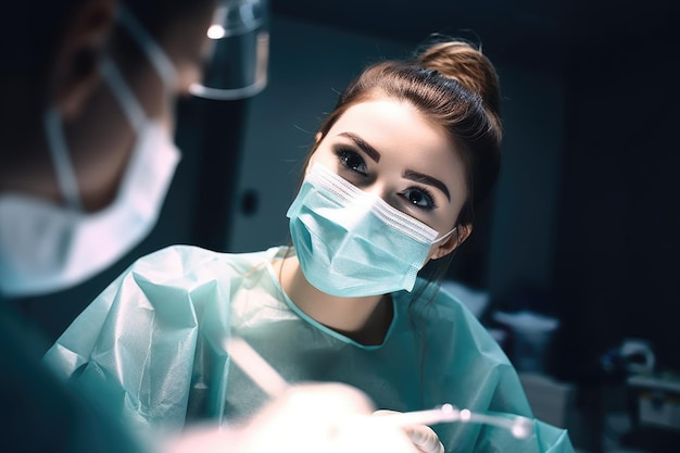 Ujęcie młodej kobiety wykonującej zabieg dentystyczny utworzone za pomocą generatywnej sztucznej inteligencji