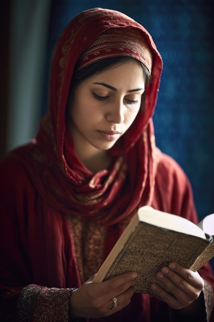 Ujęcie młodej muzułmanki czytającej koran stworzonej za pomocą generatywnej ai