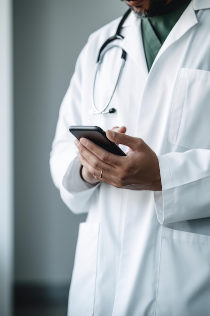 Ujęcie nierozpoznawalnego klinicysty używającego smartfona do wysyłania SMS-ów podczas pracy w klinice