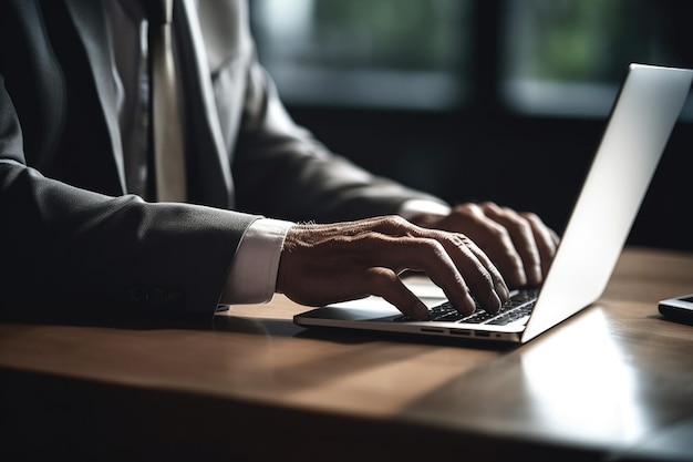 Ujęcie nierozpoznawalnego mężczyzny korzystającego z laptopa w swoim biurze stworzonego za pomocą generatywnej sztucznej inteligencji