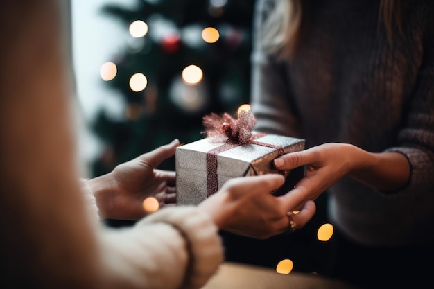 Ujęcie nierozpoznawalnej osoby wręczającej prezent na Boże Narodzenie, stworzone za pomocą generatywnej sztucznej inteligencji