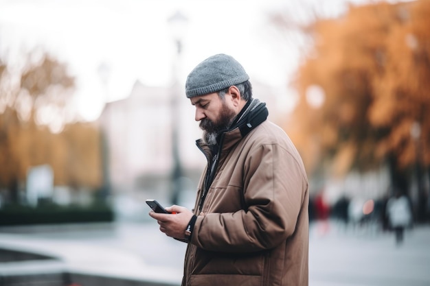 Ujęcie niezidentyfikowanego mężczyzny korzystającego z telefonu na zewnątrz utworzone za pomocą generatywnej sztucznej inteligencji