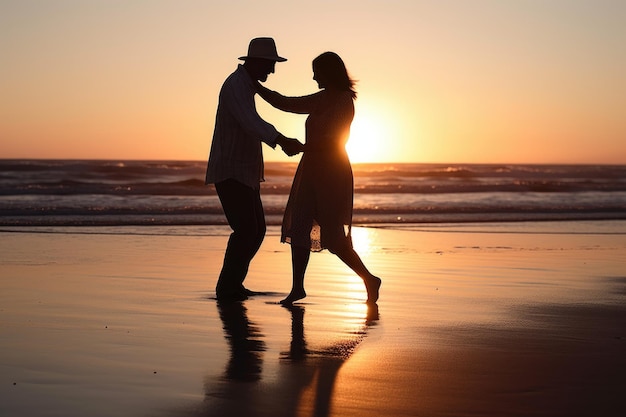 Ujęcie pary tańczącej razem na plaży o zachodzie słońca utworzone za pomocą generatywnej sztucznej inteligencji