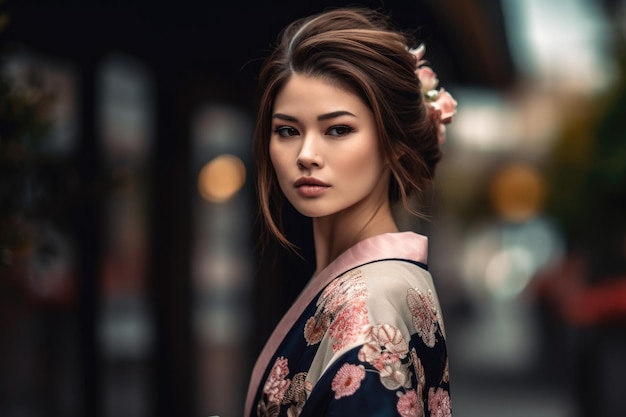 Ujęcie pięknej młodej kobiety w kimonie utworzone za pomocą generatywnej sztucznej inteligencji