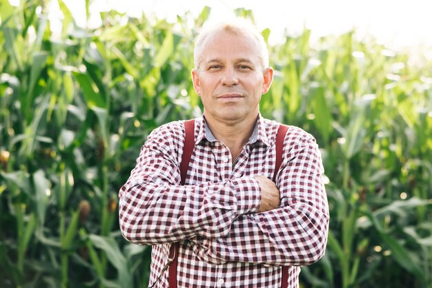 Ujęcie portretowe atrakcyjnego kaukaskiego mężczyzny stojącego w zielonym polu kukurydzy, uśmiechającego się radośnie do kamery