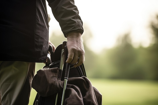 Zdjęcie ujęcie przedstawiające mężczyznę wyjmującego kij golfowy z torby golfowej utworzone za pomocą generatywnej sztucznej inteligencji