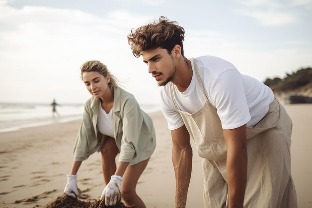 Ujęcie przedstawiające młodego mężczyznę i kobietę trzymających się za ręce podczas sprzątania plaży stworzone za pomocą generatywnej sztucznej inteligencji