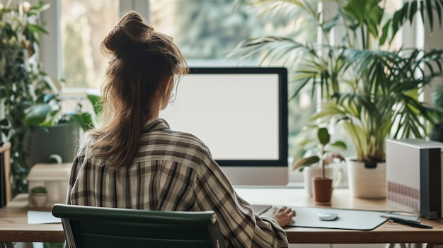 Ujęcie przez ramię młodej kobiety korzystającej z komputera przed pustym białym ekranem komputera w domu