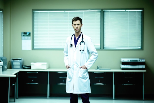 Zdjęcie ujęcie przystojnego, młodego lekarza stojącego samotnie w swoim gabinecie, stworzonego za pomocą generatywnej sztucznej inteligencji
