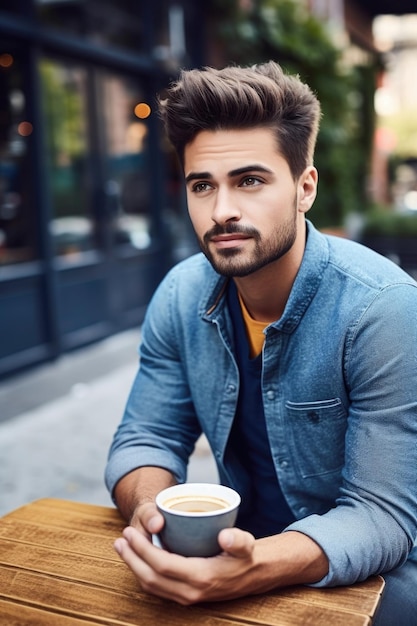 Ujęcie przystojnego młodego mężczyzny pijącego kawę na zewnątrz, stworzone za pomocą generatywnej sztucznej inteligencji