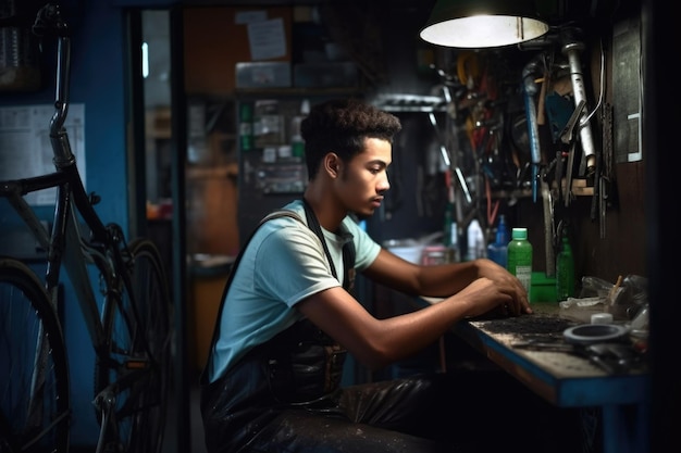Ujęcie przystojnego młodego mężczyzny pracującego samotnie w swoim warsztacie rowerowym utworzonym za pomocą generatywnej sztucznej inteligencji
