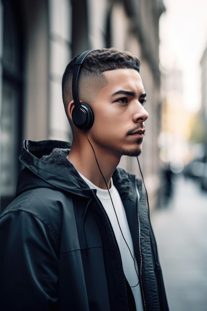 Ujęcie przystojnego młodego mężczyzny słuchającego muzyki na słuchawkach