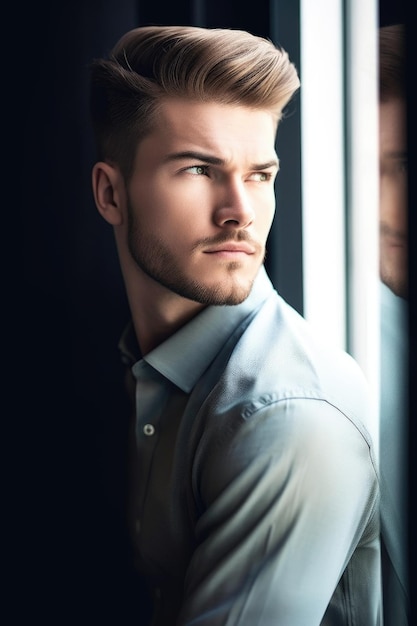 Zdjęcie ujęcie przystojnego młodego mężczyzny wyglądającego przez okno w pracy utworzone za pomocą generatywnej sztucznej inteligencji