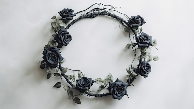 Zdjęcie ujęcie reklamowe przedstawiające ogólną czarną drewnianą obręcz ozdobioną czarnymi różami na jasnoszarym spodzie