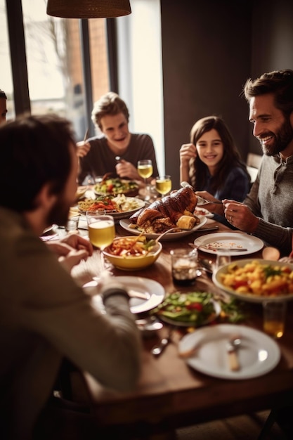 Ujęcie rodziny jedzącej wspólnie posiłek stworzony za pomocą generatywnej sztucznej inteligencji